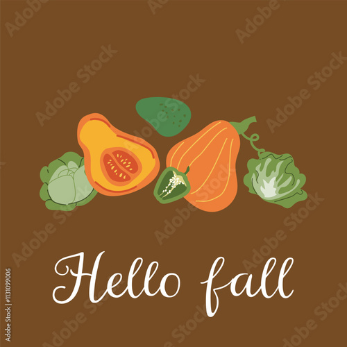 Colorful fall harvest: squash and artichoke with seasonal greeting.