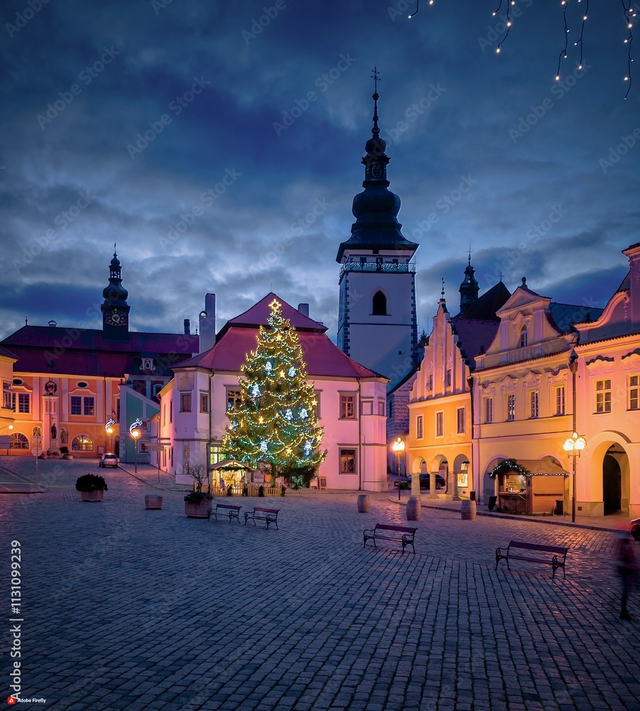 Fototapeta premium View of the pre-Christmas decorated Masaryk Square in Pelhřimov, decorated Christmas tree, nativity scene
