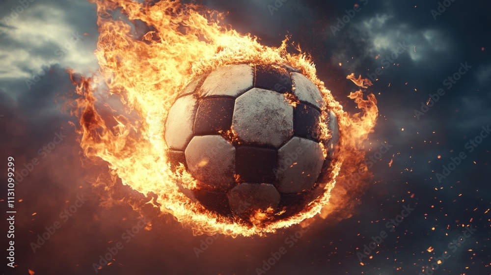 Fototapeta premium Fiery Soccer Ball Flying Through the Air with Flames and Dramatic Clouds in the Background