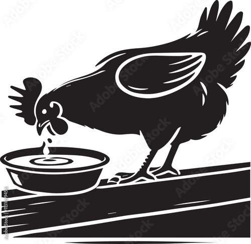 A chicken drinking from a water trough black vector silhouette