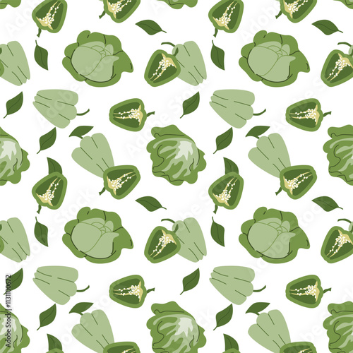 Seamless green bell pepper pattern with leaves on white background.