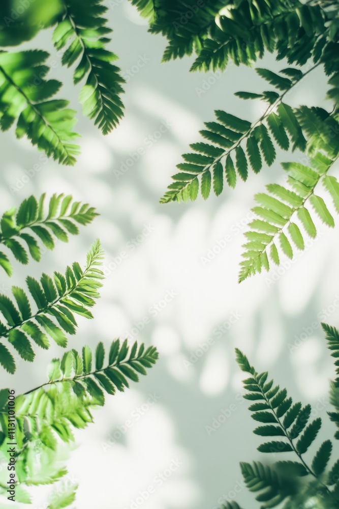 Delicate green fern leaves casting elegant shadows on a pristine white backdrop, creating a serene and natural aesthetic, vertical Delicate green fern leaves casting elegant shadows on a pristine white backdrop, creating a serene and natural aesthetic, vertical