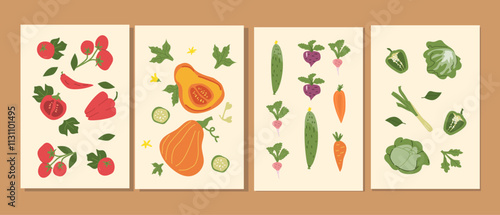 Colorful vegetable and herb illustrations in a four-panel arrangement.