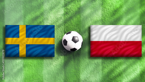 Sweden and Poland flag with soccer ball on field,copy space for text or generative edits,football concept. photo