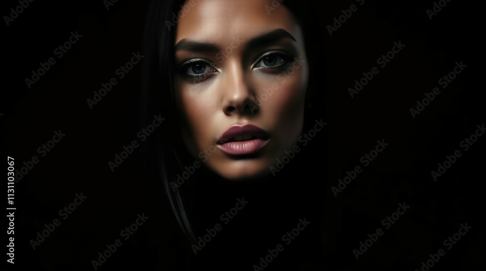 Fototapeta premium Mysterious Gaze: A captivating portrait of a woman with a captivating gaze, her face emerging from the darkness, drawing the viewer into her world. The image evokes a sense of intrigue, mystery.