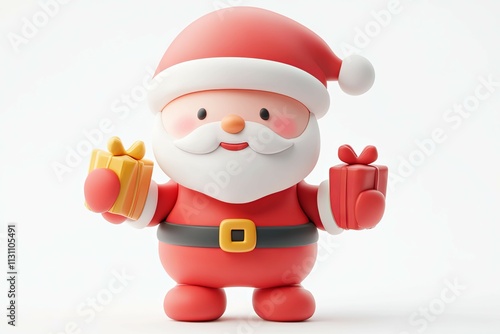 Cute 3D Santa Claus holding a gift box with a golden bow, smiling cheerfully on a plain white background. Minimalist and playful holiday design perfect for Christmas-themed projects, cards.