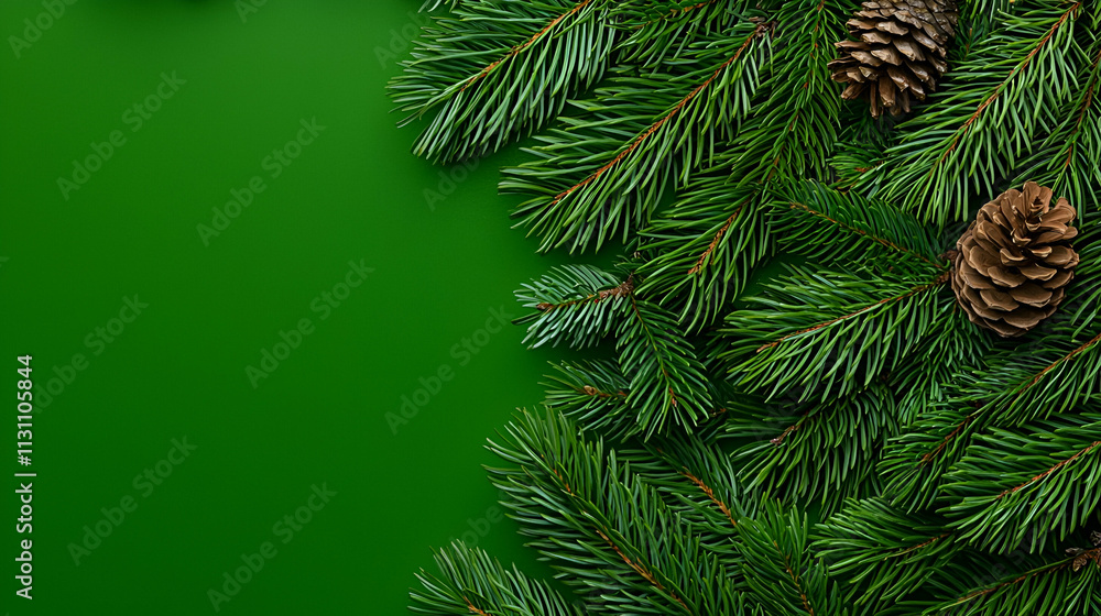 Obraz premium Lush green pine branches with cones against a vibrant green background, creating a festive and natural atmosphere.