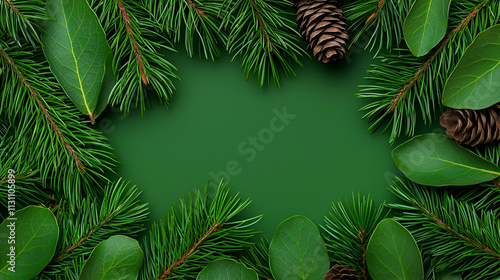 Lush green foliage with pinecones and leaves arranged around a blank center, creating a natural frame for seasonal themes or backgrounds. photo