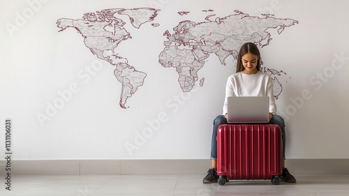 A student with a suitcase and a laptop, sitting under a world map mural, symbolizing preparation for studying and working abroad.