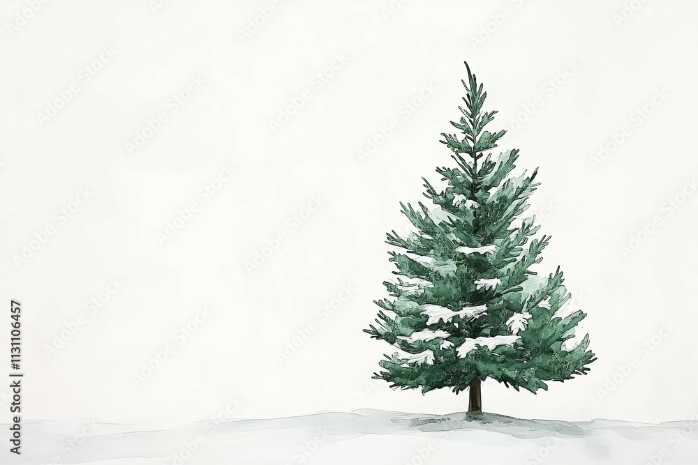 Obraz premium Single snow-covered evergreen tree in a snowy landscape on a white background. Watercolor winter illustration. Nature and Christmas season concept with copy space.