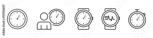 Time and Clock Line icons set, black line on white background.  Editable Stroke. Simple Outline Icons.