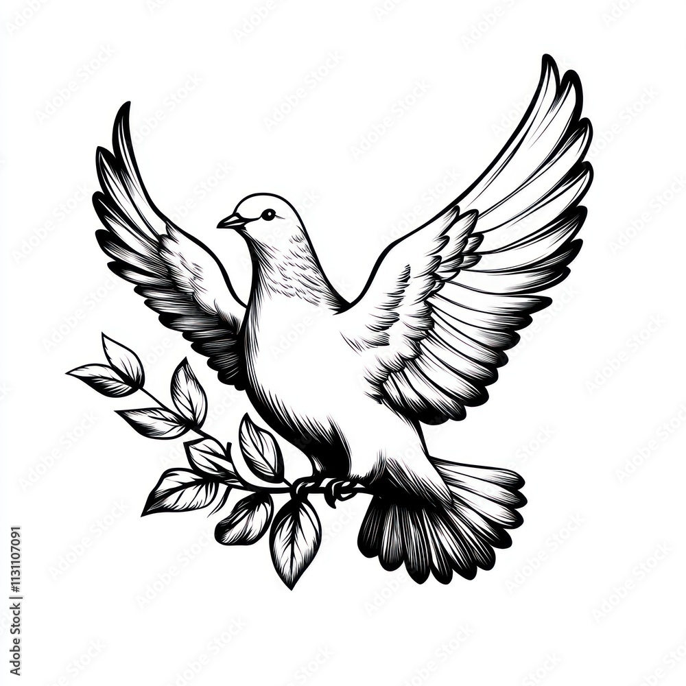 Fototapeta premium Black and white illustration of a dove with an olive branch.