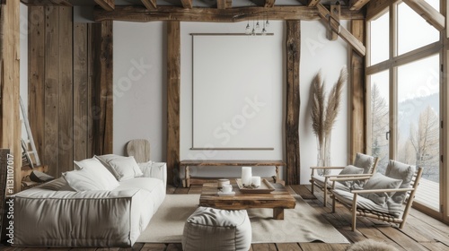 A rustic minimalist retreat adorned with a white canvas backdrop, Minimalist furniture arrangement in a cozy woodland cabin, Woodland minimalist style photo