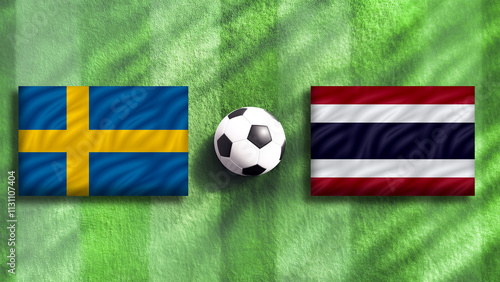 Sweden and Thailand flag with soccer ball on field,copy space for text or generative edits,football concept. photo