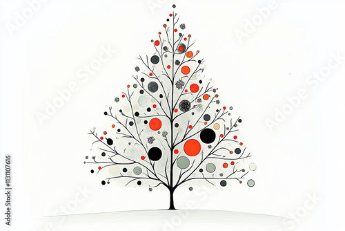 Minimalist Christmas tree illustration with delicate black branches decorated with red, black, and gray circular ornaments. Modern, abstract design on a clean white background.