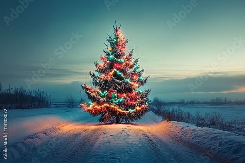 Christmas tree decorated with colorful lights and gifts in a snowy rural landscape at dusk. Outdoor holiday scene. Winter celebration and Christmas season concept for greeting card and poster.