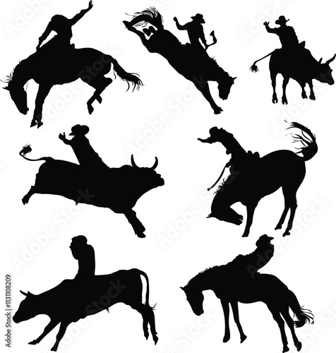 Vector Set of Rodeo actions silhouettes isolated on white backgrorund
