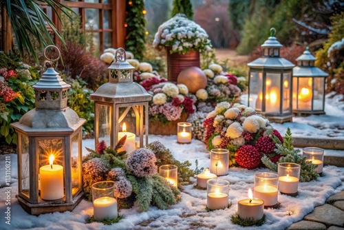 Outdoor prayer area adorned with lanterns and winter flowers: White candle-lit lanterns line the entrance, surrounded by dried hydrangeas, heathers, hollies, creating a warm, sacred ambiance. photo