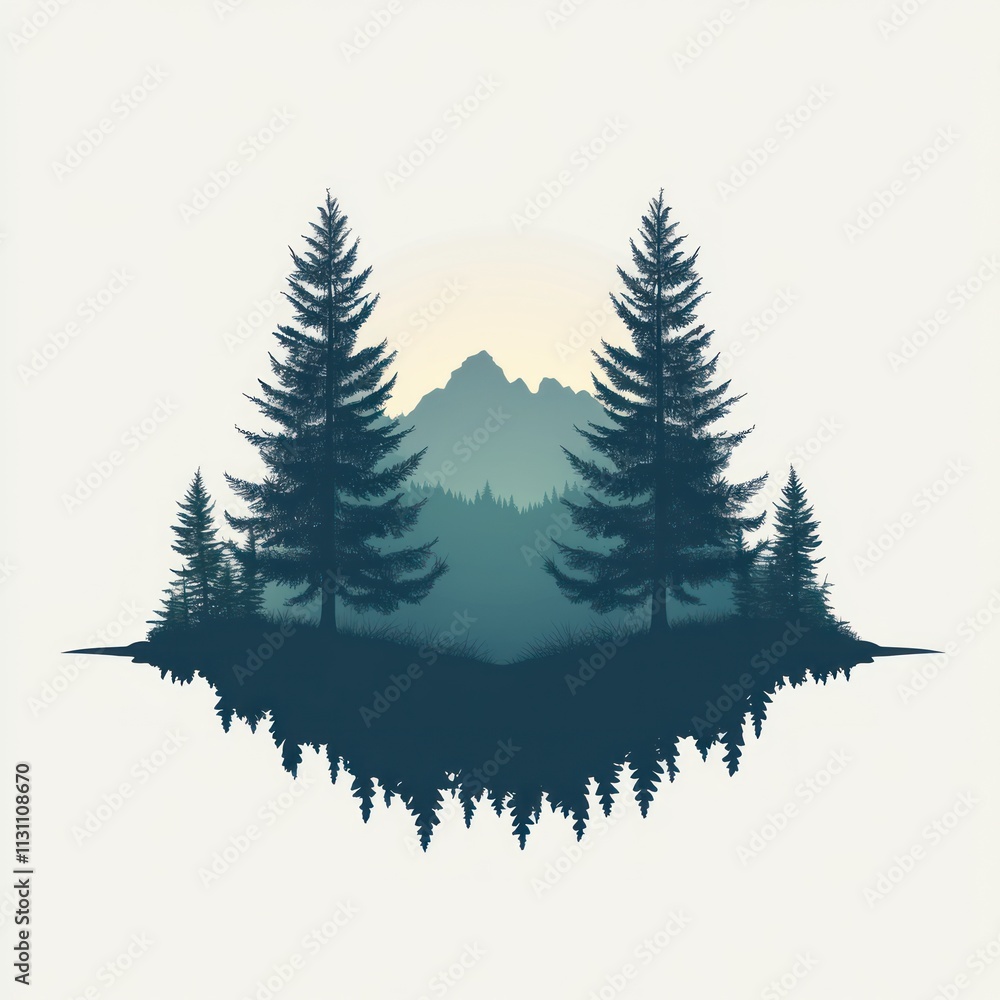 Obraz premium Silhouette of two tall pine trees flanking a mountain range at sunrise, reflected in water.