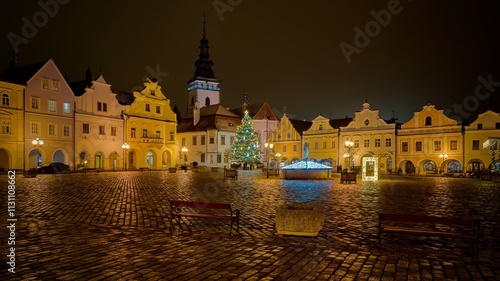 View of the pre-Christmas decorated Masaryk Square in Pelhřimov, decorated Christmas tree, nativity scene