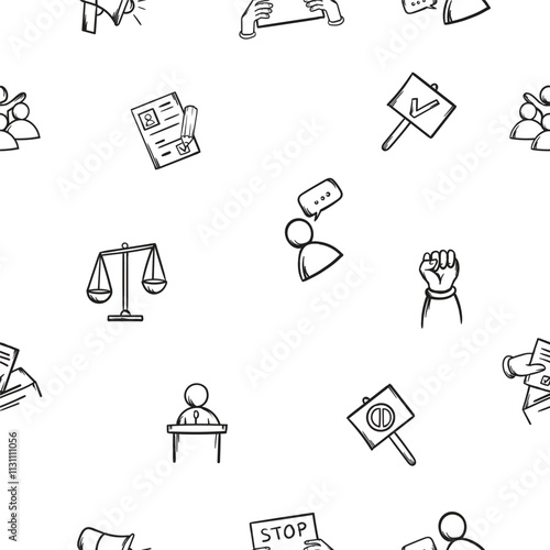 Simple seamless pattern with hand drawn icons, signs and symbols of business, marketing and politics. Vector editable background