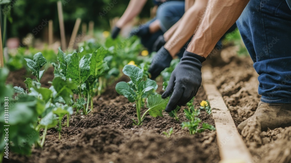 Fototapeta premium Community planting a garden to promote urban green spaces