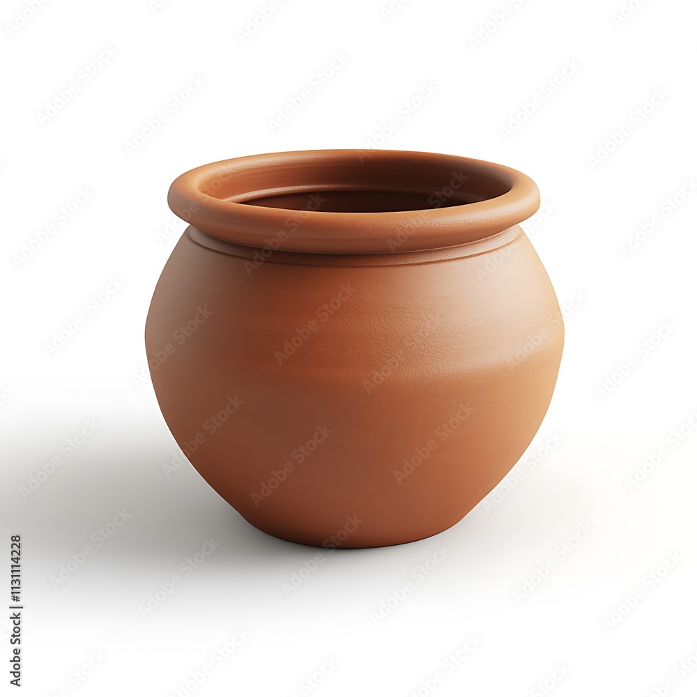 A clay pot, simple in clay shape, rendered in a 3D style, set against a white background A clay pot, simple in clay shape, rendered in a 3D style, set against a white background