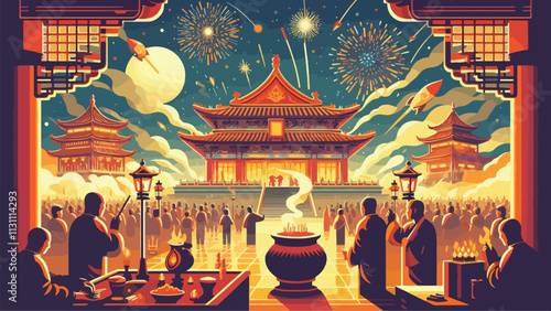 A majestic temple decorated for the Chinese New Year Lantern Festival, worshipers light incense, and fireworks light up the sky
