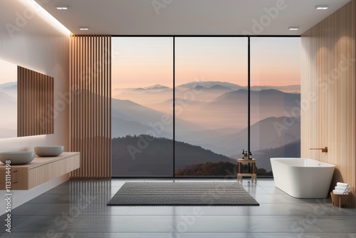 Bathroom with a large window overlooking a mountain range photo