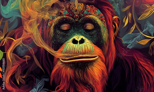 Serene Orangutan Amidst Vibrant Floral Smoke photo