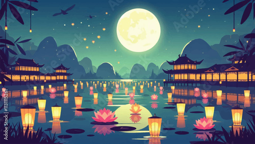 A serene lakeside during the Lantern Festival, with floating lotus-shaped lanterns illuminating the water, a full moon shining brightly, and traditional Chinese pavilions in the background 