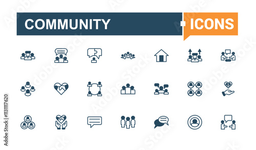 Community icons. It contains symbols to leader, unity, conference, belonging, network and more. Perfect for logos and infographics. Editable vector outline and solid icons.