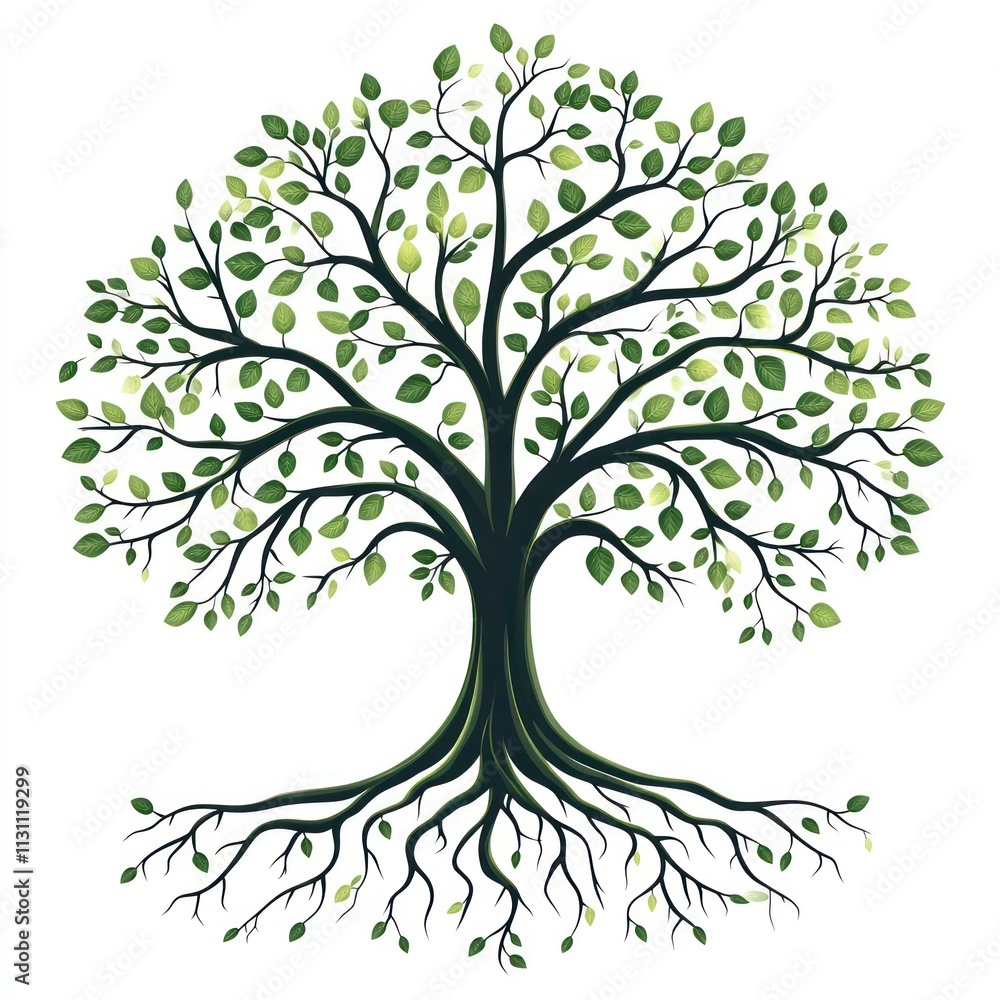 Obraz premium Full vibrant lush green tree with extensive roots against a white background.