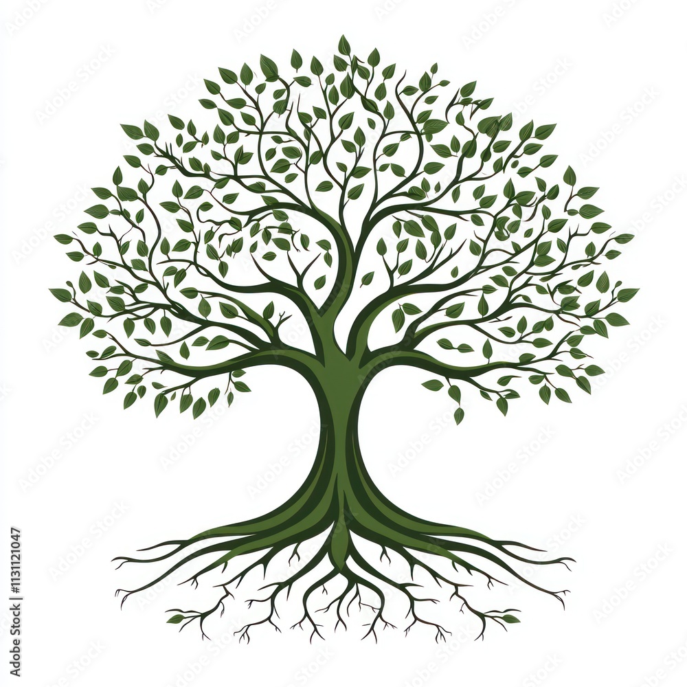 Fototapeta premium Full lush green tree with extensive roots against a plain white background.