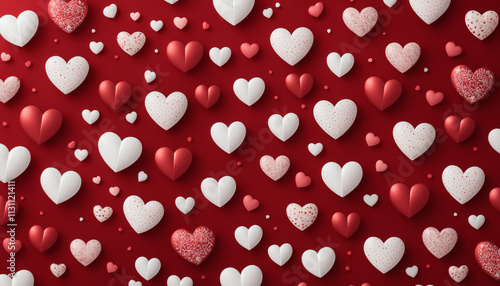 Hearts of various colors on a red background