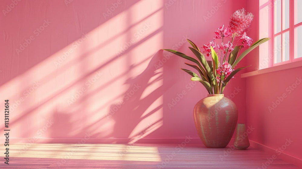 Fototapeta premium A modern room with pink walls and sunrays shining through the window