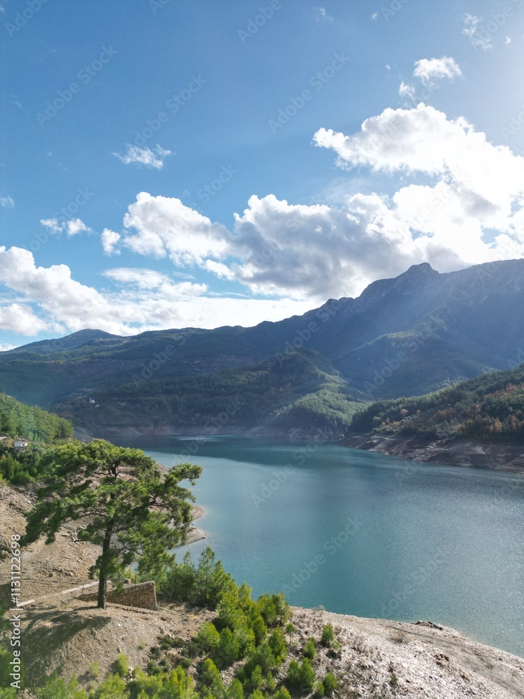Fototapeta premium lake in the mountains reservoir rocky shore trees