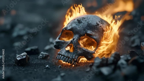 A skull surrounded by flames and dark rocks evokes themes of death and hell. A flaming skull resting among dark rocks symbolizes death and eternal torment