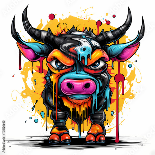 Vibrant Graffiti Bull: A Colorful Artistic Rendering photo