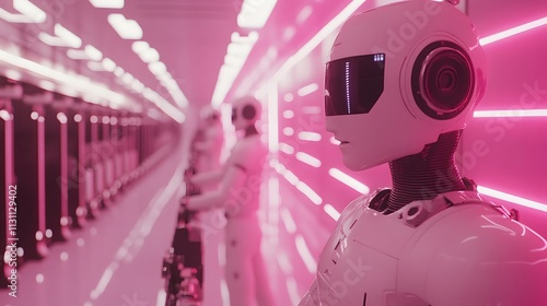 Futuristic robots manage automated assembly line in a vibrant pink factory.  Advanced technology in action! photo