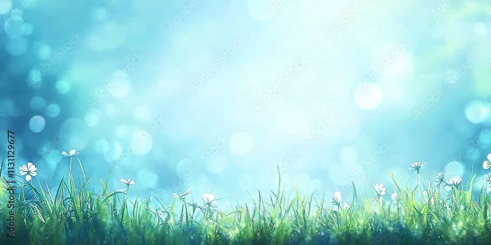 Fototapeta premium Realistic stock photo of a tropical meadow scene. In the foreground, grass flower and grass. The middle of the image features a meadow field, with a blurred background of the sun beam