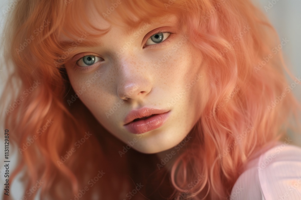 Naklejka premium Close-up portrait of a beautiful young woman with pink hair, freckles, and blue eyes