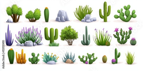 An illustration set of cacti and bushes, brown mountains and rocks for creating a desert arizona or african landscape. Cartoon illustration set of wilderness scenery vegetation and stones. photo