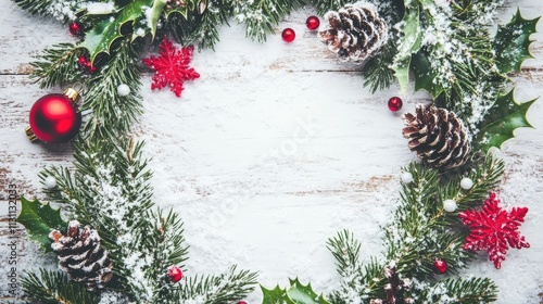 Festive Christmas Background with Snow, Holly, and Pine Branches on White Wooden Tabletop, Christmas Card Frame with Copy Space for Text, Flat Lay Top View, High Quality Stock Photo
