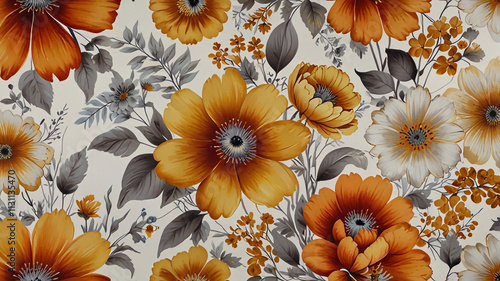 A vibrant, large-scale floral work of art, a combination of soft, delicate and bold flowers in various shades of gold and silver on a creamy white background