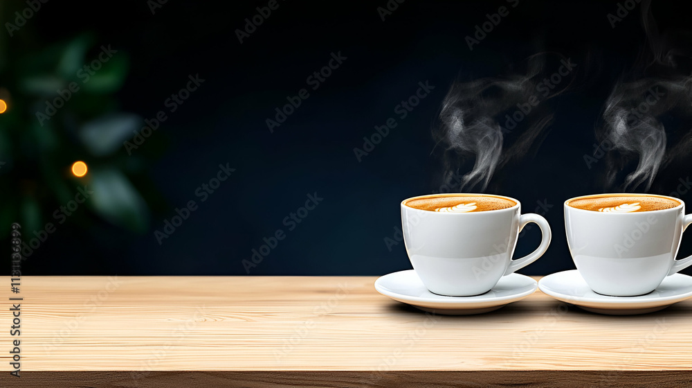 Obraz premium Two steaming coffee cups sit on a wooden table, surrounded by a cozy ambiance, perfect for enjoying a warm drink.