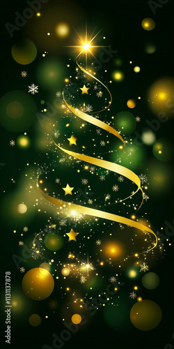 a sparkling christmas tree in dark green background, bokeh effect, cellphone background picture