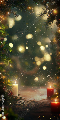 a christmas theme background image, with candls and snow fall,christmas tree, bokeh effect 