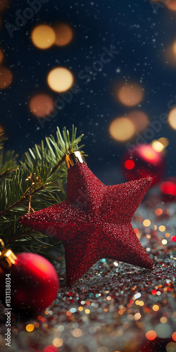a christmas theme background image, with red avent star and pine tree branch, bokeh effect