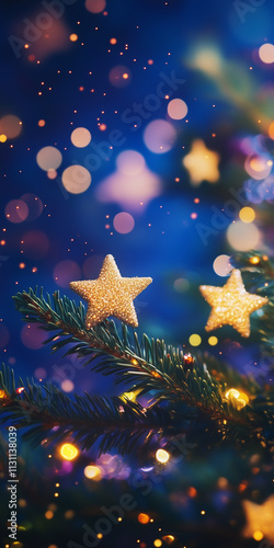 a christmas theme background image, with stars, bokeh effect